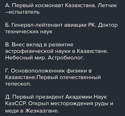 4. Опишите вклад казахстанских ученых А) В.Г.ФесенковБ) М.А.АйтхожинВ) Н.Л. УдольскаяГ) Т.О. Аубакир