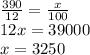 \frac{390}{12} = \frac{x}{100} \\ 12x = 39000 \\ x = 3250 \\