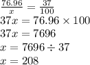 \frac{76.96}{x} = \frac{37}{100} \\ 37x = 76.96 \times 100 \\ 37x = 7696 \\ x = 7696 \div 37 \\ x = 208