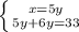 \left \{{{x=5y} \atop {5y + 6y = 33 }} \right.