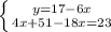 \left \{ {{y=17-6x} \atop {4x+51-18x=23} \right.