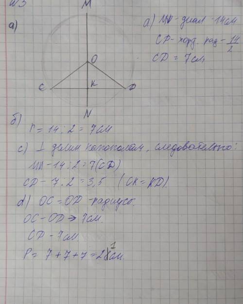 в окружности в центре точки проведен диаметр MN=14 см и хорда СD, перпендикулярно MN и равная радиус