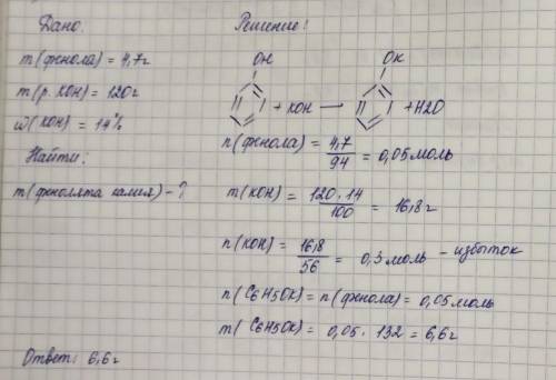 с дано;;Вычислите массу калий фенолята, полученного в результате взаимодействия фенола массой 4,7 г