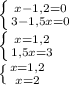 \left \{ {{x-1,2 = 0} \atop {3-1,5x=0}} \right. \\\left \{ {{x = 1,2} \atop {1,5x=3}} \right. \\\left \{ {{x = 1,2} \atop {x=2}} \right.