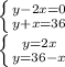 \left \{ {{y-2x=0} \atop {y+x=36}} \right. \\\left \{ {{y=2x} \atop {y=36-x}} \right. \\