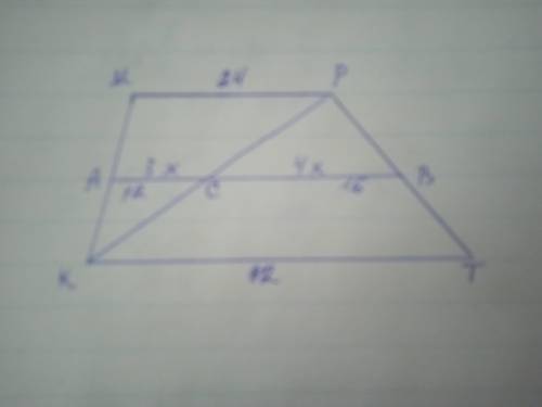Диагональ трапеции делит среднюю линию на 3:4.Если средняя линия трапеции 28 см,то найдите разности