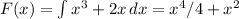 F(x)=\int{x^{3}+2x } \, dx =x^{4}/4 +x^{2}