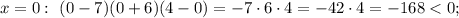 x=0: \ (0-7)(0+6)(4-0)=-7 \cdot 6 \cdot 4=-42 \cdot 4=-168