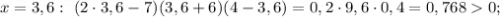 x=3,6: \ (2 \cdot 3,6-7)(3,6+6)(4-3,6)=0,2 \cdot 9,6 \cdot 0,4=0,7680;