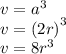 v = {a}^{3} \\ v = {(2r)}^{3} \\ v = 8 {r}^{3}