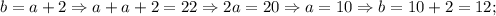 b=a+2 \Rightarrow a+a+2=22 \Rightarrow 2a=20 \Rightarrow a=10 \Rightarrow b=10+2=12;