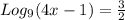 Log_9(4x-1)=\frac{3}{2}