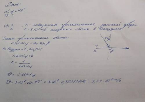 Предельный угол полного отражения для некоторой жидкости 47 градусов. Определите скорость света в эт