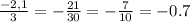 \frac{-2,1}{3}=-\frac{21}{30}=-\frac{7}{10}=-0.7