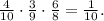 \frac{4}{10}\cdot \frac{3}{9}\cdot \frac{6}{8}=\frac{1}{10}.