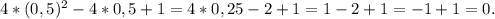 4*(0,5)^2 - 4*0,5+1 = 4*0,25 -2 +1 = 1 - 2 + 1 = -1+1 =0.