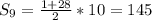 S_{9} = \frac{1 + 28}{2} * 10 = 145