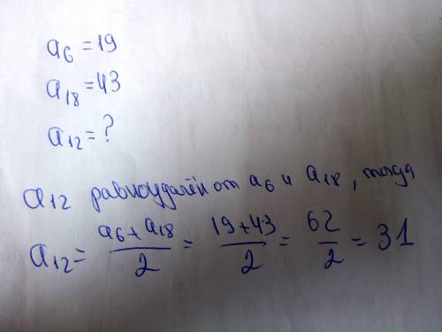 В арифметической прогрессии а6=19; а18=43. Найдите а12