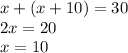 x+(x+10)=30\\2x=20\\x=10