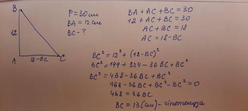 периметр трикутника дорівнює 30 см, а один з його катетів-12см. знайдіть (у см) гіпотенузу трикутник