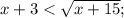 x + 3 < \sqrt{x+15};