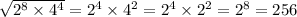 \sqrt{2 {}^{8} \times 4 {}^{4} } = 2 {}^{4} \times 4 {}^{2} = 2 {}^{4} \times 2 {}^{2} = 2 {}^{8} = 256