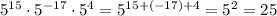 5^{15}\cdot 5^{-17}\cdot5^{4}=5^{15+(-17)+4}=5^2=25