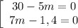 \left[\begin{array}{ccc}30 - 5m = 0\\7m - 1,4 = 0\\\end{array}