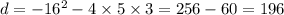 d = - 16 {}^{2} - 4 \times 5 \times 3 = 256 - 60 = 196