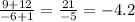 \frac{9 + 12}{ - 6 + 1} = \frac{21}{ - 5} = - 4.2