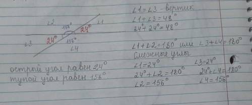 Найди градусные меры углов, если сумма двух вертикальных углов равна 48 градусов.   Острый угол раве
