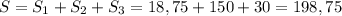 S=S_{1}+S_{2}+S_{3} =18,75+150+30=198,75