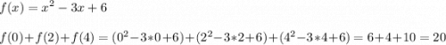 \displaystyle f(x)=x^2-3x+6f(0)+f(2)+f(4)=(0^2-3*0+6) +(2^2-3*2+6)+(4^2-3*4+6) = 6+4+10=20