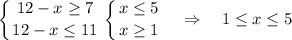 \displaystyle \left \{ {{12-x\geq 7} \atop {12-x \leq 11}} \right. \left \{ {{x\leq 5} \atop {x\geq 1}} \right. \quad \Rightarrow \quad 1\leq x\leq 5