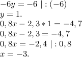 -6y=-6\ |:(-6)\\y=1.\\0,8x-2,3*1=-4,7\\0,8x-2,3=-4,7\\0,8x=-2,4\ |:0,8\\x=-3.