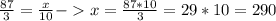 \frac{87}{3} = \frac{x}{10} - x = \frac{87 * 10}{3} = 29 * 10 = 290