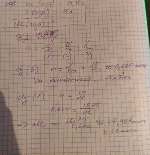 Масса 15 литров газа при н.у. равна 18.75 грамм. найдите малярную массу газа ​