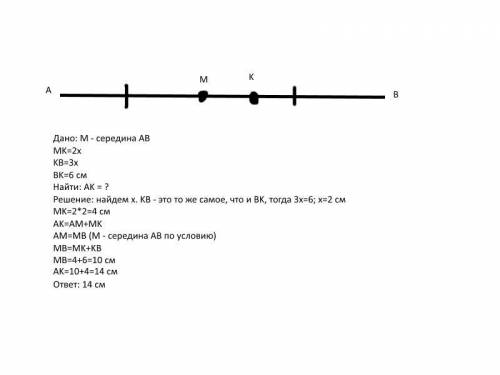 Точка м-середина отрезка АВТочка к лежит на отрезке. Мв так что мк:кв =2:3найдите длуну отрезка ак е