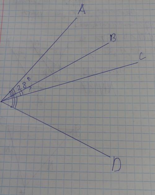 угол AOD разделен лучами ОВ и ОС на три угла, причем ∠АОВ = 28°, угол ВОD в 4 раза больше чем угол А