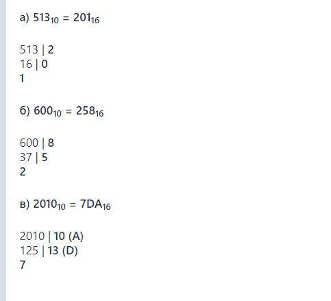 Переведите целые числа из десятичной систему счистления в шестнадцатиричную. А) 513 Б) 600 В)2010