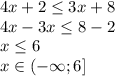 4x+2\leq 3x+8\\4x-3x\leq 8-2\\x\leq 6\\x\in(-\infty;6]