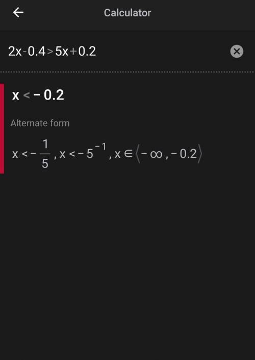 решите неравенство 2x-0,4>5x+0,2a) (-∞,-5) б) (-0.2,+∞) в) (0.2,+∞) г) (-∞,-0.2)