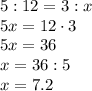 5:12=3:x\\5x=12\cdot3\\5x=36\\x=36:5\\x=7.2