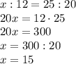 x:12=25:20\\20x=12\cdot25\\20x=300\\x=300:20\\x=15