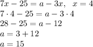 7x-25=a-3x,\ \ x=4\\7\cdot4-25=a-3\cdot4\\28-25=a-12\\a=3+12\\a=15