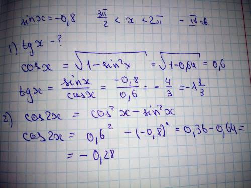 Известно, что Найдите значения выражений 1) tg x 2) cos 2x