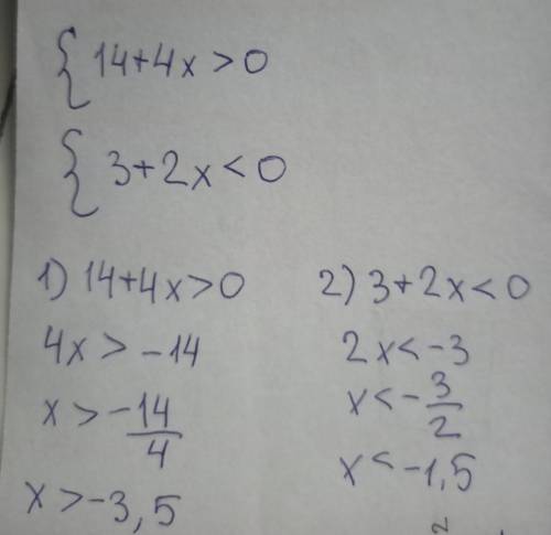 Решите систему неравенств 14+4x>0 3+2x<0