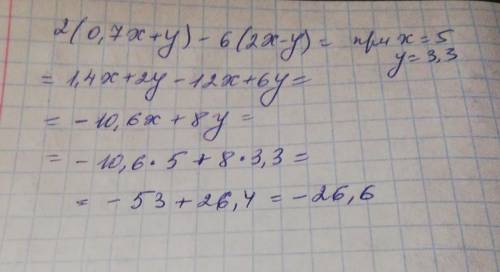 Упрости выражение 2(0,7x+y)−6(2x−y) и определи его значение, если x=5 и