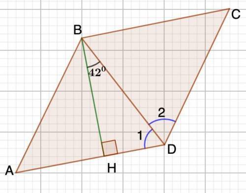 угол между высотой и диагональю ромба, проведёнными из вершины тупого угла, равен 42. Найдите углы р