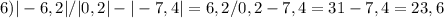 6)|-6,2|/|0,2|-|-7,4| = 6,2 / 0,2 - 7,4 = 31-7,4 = 23,6\\